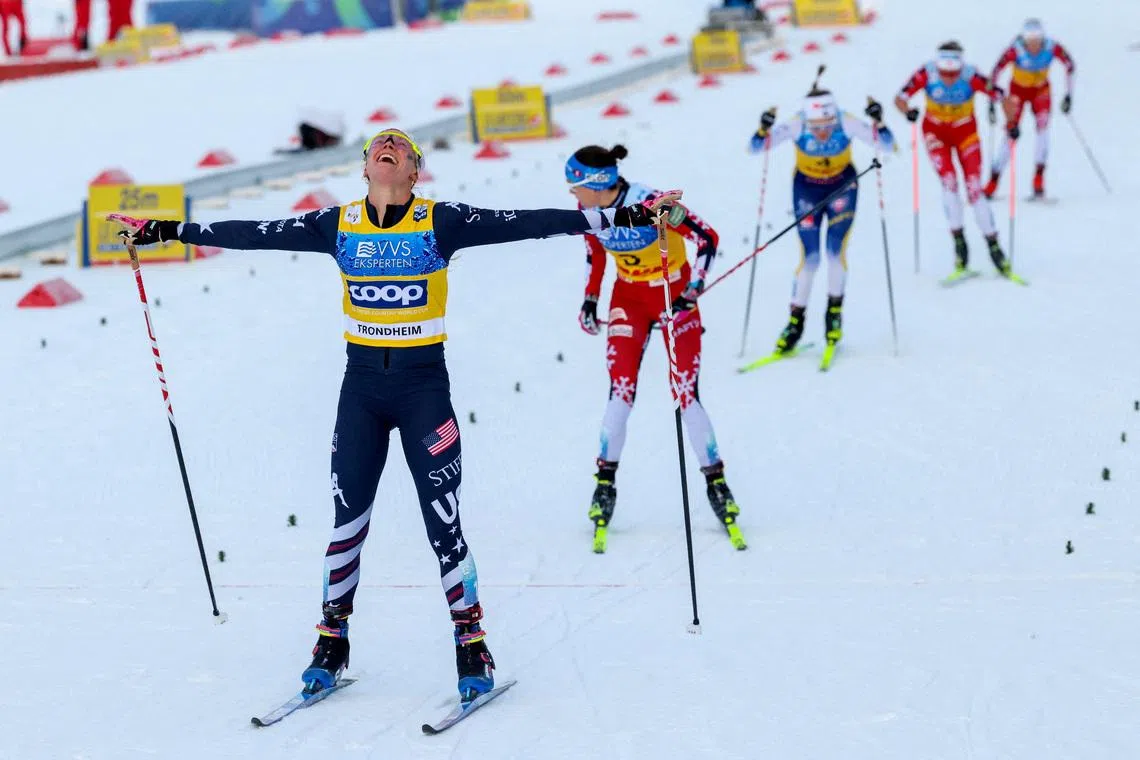 FILE PHOTO: Skiing - FIS World Cup Cross-Country and Nordic Combined Skiing - Granasen, Norway - December 6, 2025 Jessie Diggins of the U.S. celebrates winning the women's 20km cross-country skiing  Geir Olsen/NTB via REUTERS