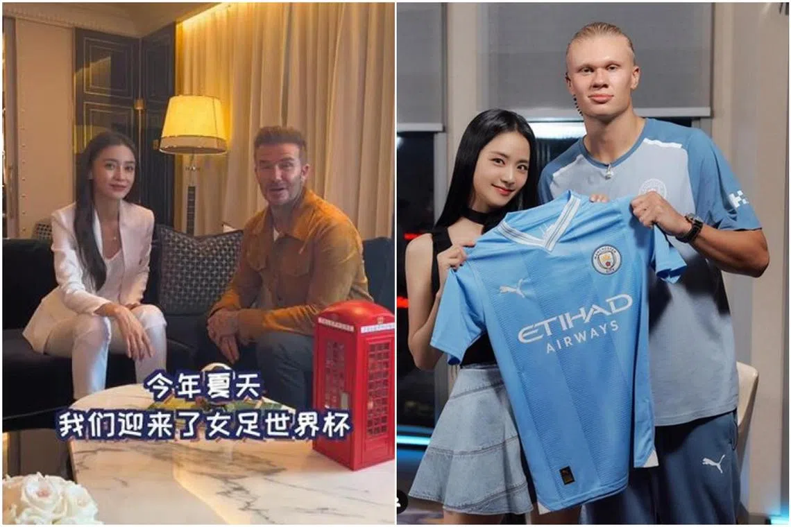 (From left) Angelababy with David Beckham and Jisoo with Erling Haaland.