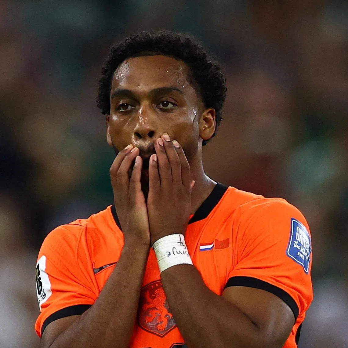 Netherlands’ Quinten Timber reacting after missing a penalty during the shootout against Morocco.