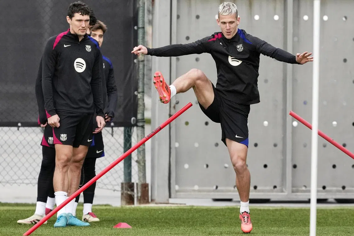 Dani Olmo during a training session with Barcelona but his future at the club remains uncertain.