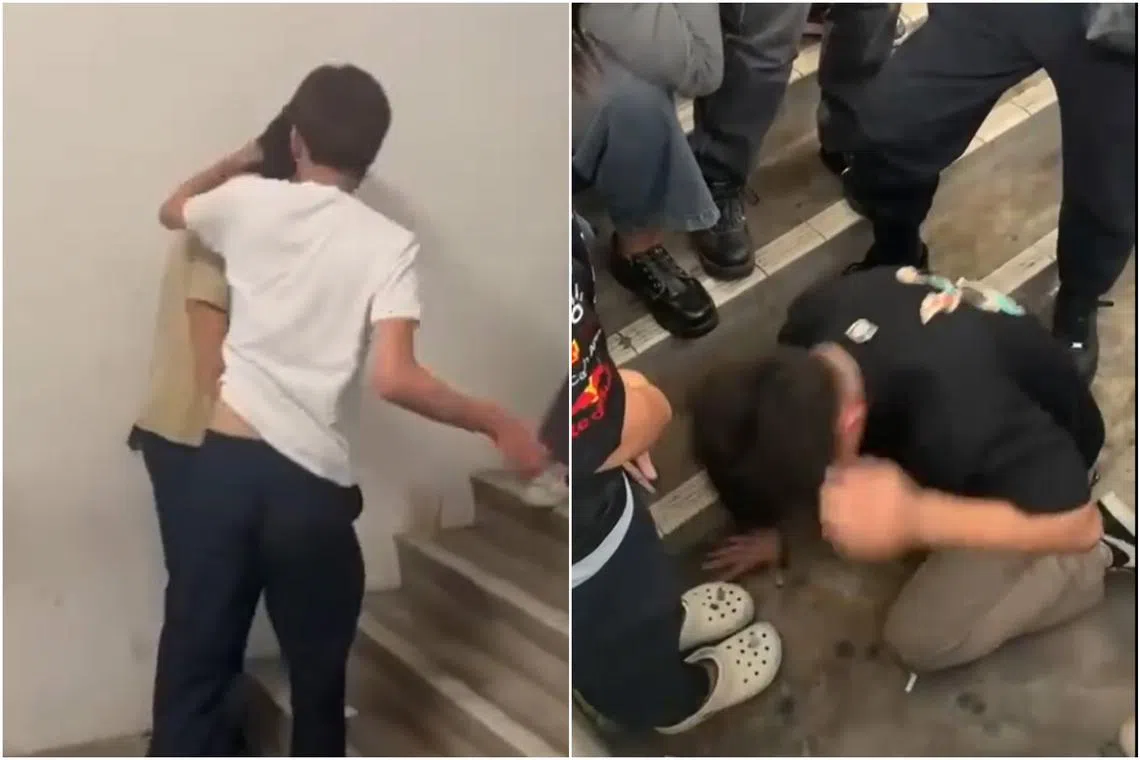 In another video, a teenage boy is seen speaking to a group of people. Midway through, a teenage boy dressed in a black shirt delivers a high kick to his face.