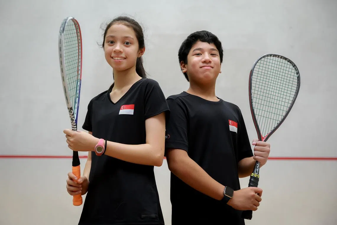 Southeast Asian Junior Individual Squash Championship winners for Girl’s under-15 Naisha Singh, 13,  and Boy’s under-13 Jackrish Sashikumar, 11, at the Kallang ActiveSG Squash Centre, Aug 4, 2023.