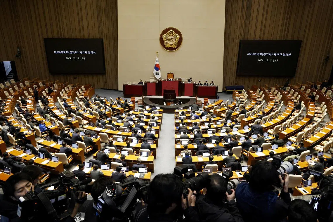 Lawmakers at the National Assembly in Seoul on Dec 7, for the impeachment vote of President Yoon Suk Yeol.