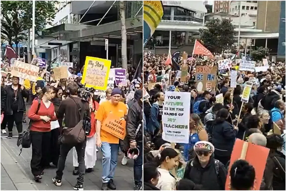 Public servants marched with placards and banners in towns across New Zealand, chanting and listening to speeches.