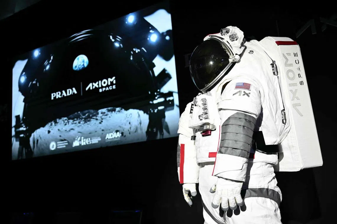 The spacesuit (Axiom Extravehicular Mobility Unit) designed and developed for the Artemis III lunar mission, in Milan, Italy, Oct 16, 2024.