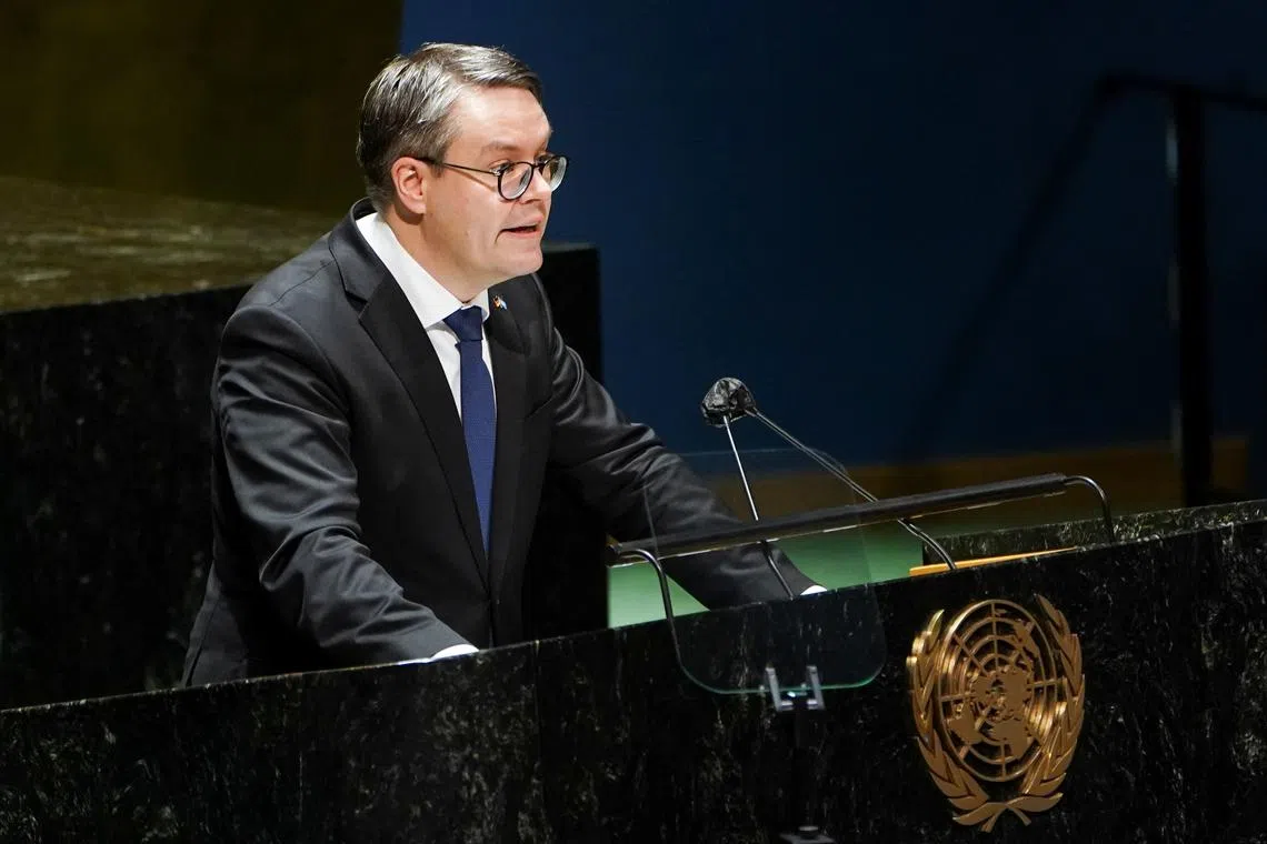 FILE PHOTO: German Minister of State Tobias Lindner speaks during a meeting of the U.N. General Assembly on the situation between Russia and Ukraine, at the United Nations Headquarters in Manhattan, New York City, U.S., February 23, 2022. REUTERS/Carlo Allegri/File Photo