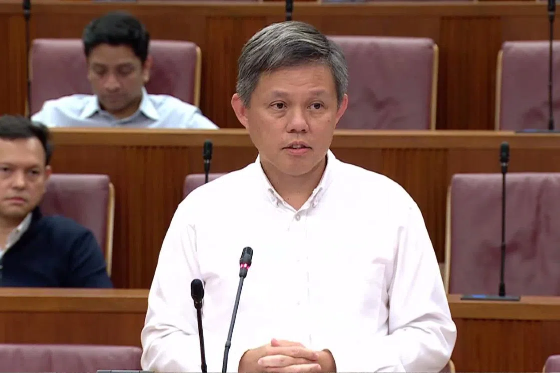 Defence Minister Chan Chun Sing speaking in Parliament on Feb 27.