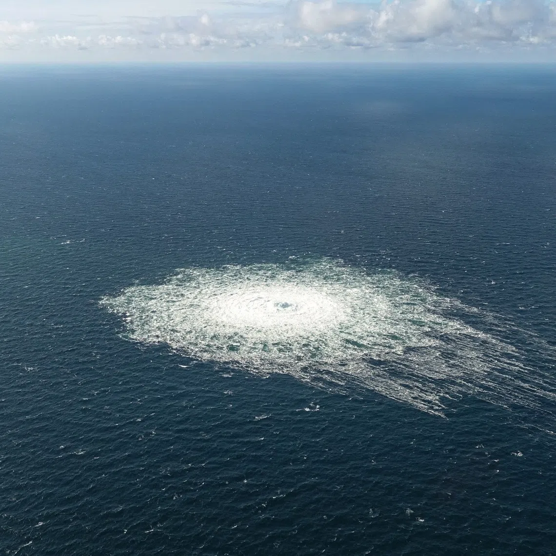 FILE PHOTO: Gas leak at Nord Stream 2 as seen from the Danish F-16 interceptor on Bornholm, Denmark September 27, 2022. Danish Defence Command/Forsvaret  Ritzau Scanpix/via REUTERS / File Photo