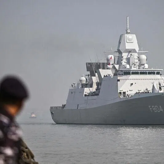 The Royal Netherlands Navy frigate HNLMS De Ruyter arriving at Tanjung Perak port in Surabaya on May 14, 2026.