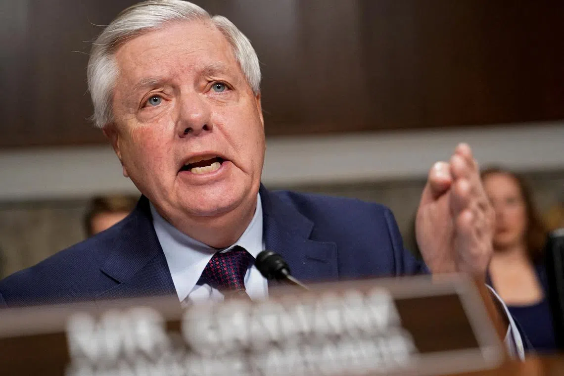 FILE PHOTO: Judiciary Committee Ranking Member U.S. Senator Lindsey Graham (R-SC) speaks, during the Senate Judiciary Committee hearing on online child sexual exploitation at the U.S. Capitol in Washington, U.S., January 31, 2024. REUTERS/Nathan Howard/File Photo