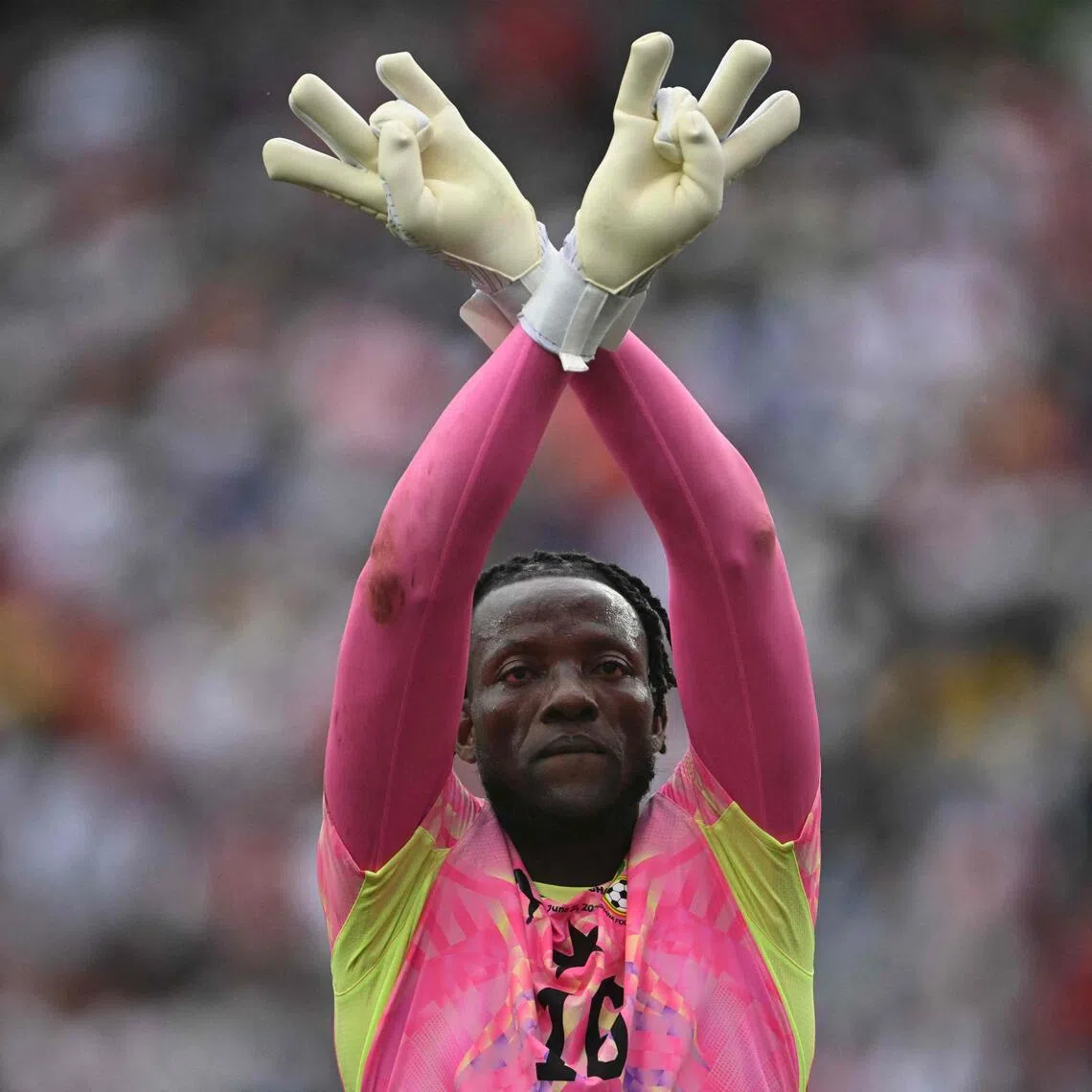 Ghana's goalkeeper Benjamin Asare celebrating the 0-0 draw with England at the Boston Stadium in Foxborough on June 23.