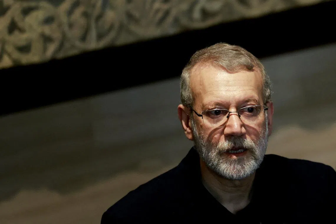 FILE PHOTO: Ali Larijani, former chairman of the parliament of Iran, attends a press conference after meeting with Lebanese Parliament Speaker Nabih Berri in Beirut, Lebanon November 15, 2024. REUTERS/Thaier Al-Sudani/File Photo
