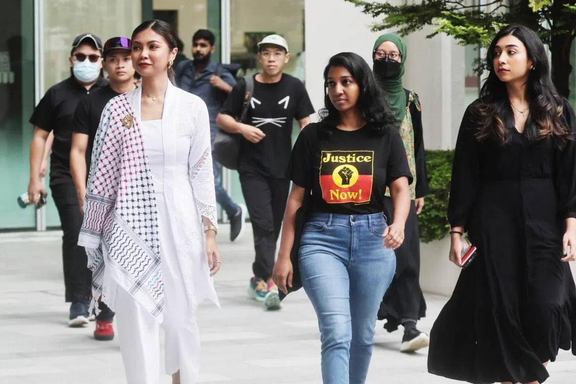 (From left) Siti Amirah Binte Mohamed Asrori, Annamalai Kokila Parvathi and Mossamad Sobikun Nahar leaving the State Courts on June 27, 2024.