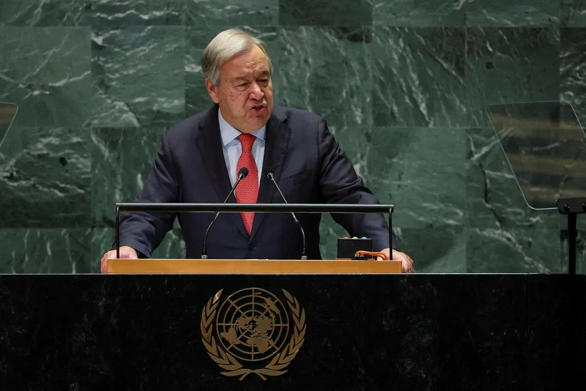 FILE PHOTO: United Nations Secretary-General Antonio Guterres addresses the 79th United Nations General Assembly at U.N. headquarters in New York, U.S., September 24, 2024.  REUTERS/Mike Segar/File Photo