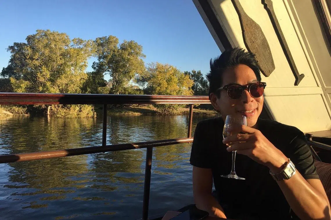 Singaporean actor Chua Enlai on a cruise down Zambezi River, Zimbabwe in 2019. PHOTO: Courtesy of Chua Enlai
