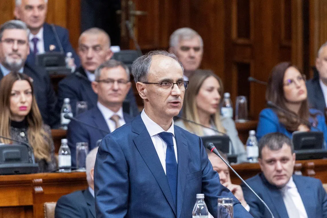 FILE PHOTO: Serbia's Prime Minister-designate Djuro Macut presents a plan for the new government to parliament members in Belgrade, Serbia, April 15, 2025. REUTERS/Stringer/File Photo