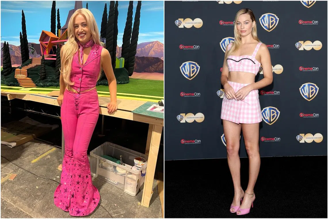 Emma Eastwood (left) on set as Barbie's body double, played by actress Margot Robbie in Greta Gerwig's highly anticipated new film.