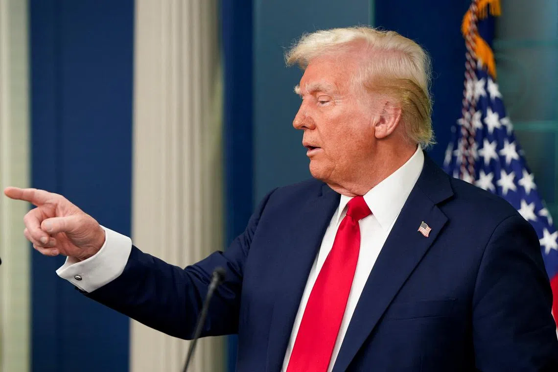 U.S. President Donald Trump takes questions as he speaks to reporters about Wednesday's deadly midair collision between a U.S. Army Black Hawk helicopter and American Eagle flight 5342 near Ronald Reagan Washington National Airport, in the Brady Press Briefing Room at the White House in Washington, U.S., January 30, 2025. REUTERS/Elizabeth Frantz