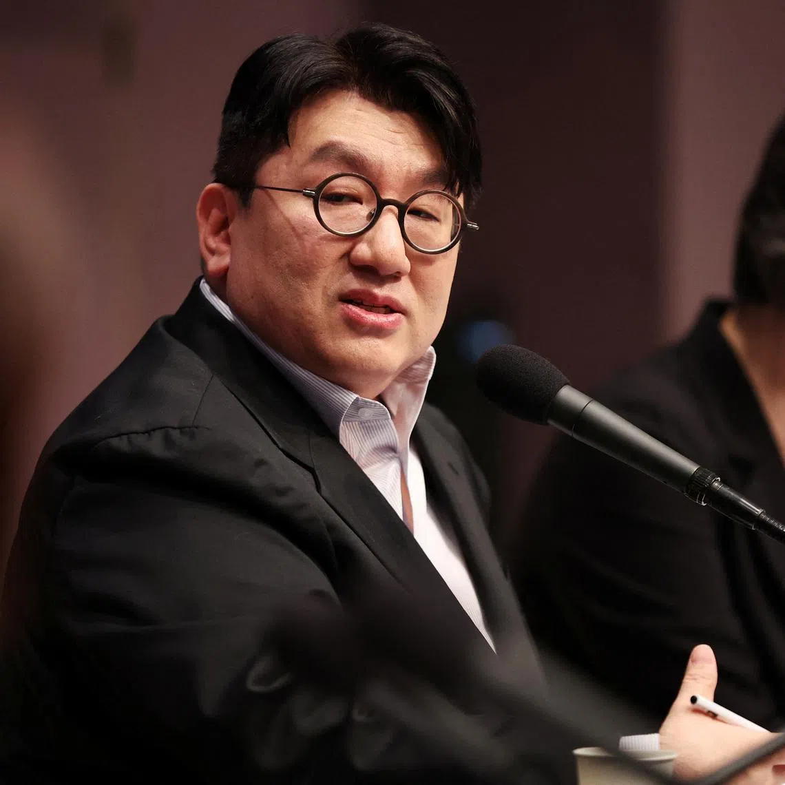 Bang Si-hyuk, Chairman of HYBE, speaks during a debate hosted by the Kwanhun club, in Seoul, South Korea, March 15, 2023.   REUTERS/Kim Hong-Ji