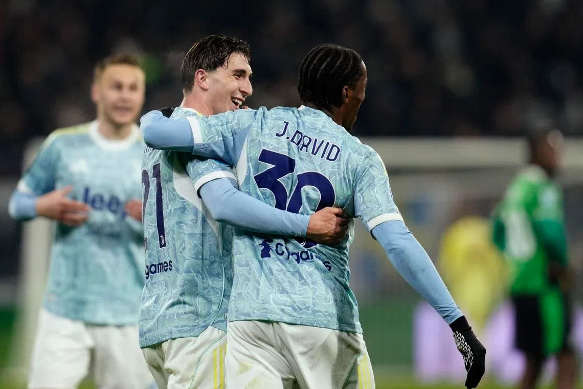Soccer Football - Serie A - U.S. Sassuolo v Juventus - Mapei Stadium - Citta del Tricolore, Reggio Emilia, Italy - January 6, 2026 Juventus' Fabio Miretti celebrates scoring their second goal with Jonathan David REUTERS/Matteo Ciambelli