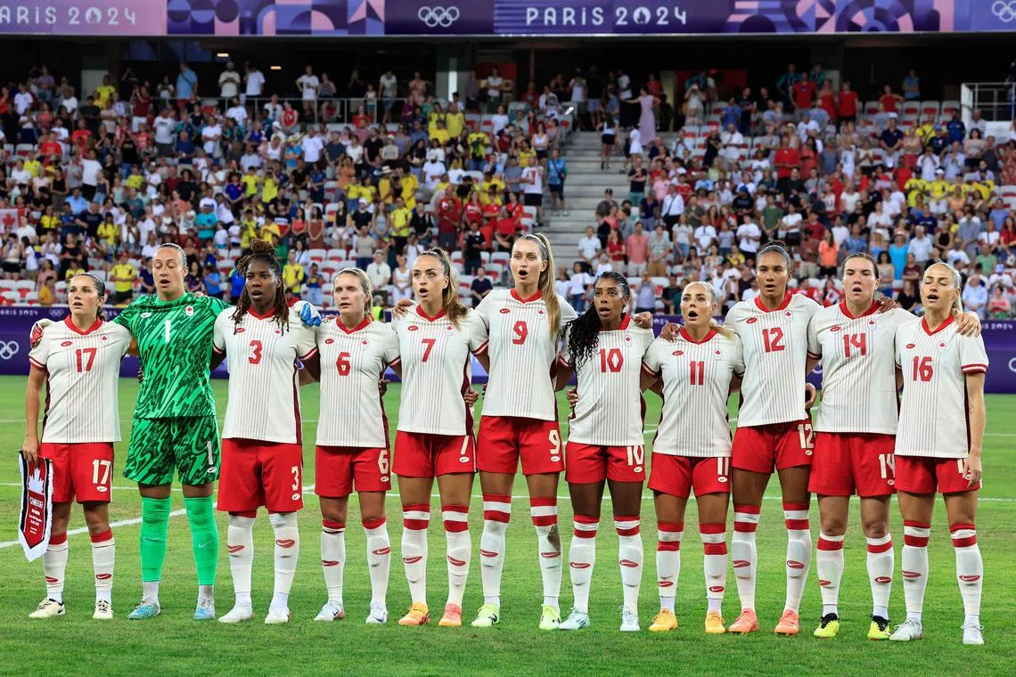 Canada players before their group match against Colombia at the Paris Olympics. They won 1-0 and are now through to the quarter-finals, in which they will face Germany.