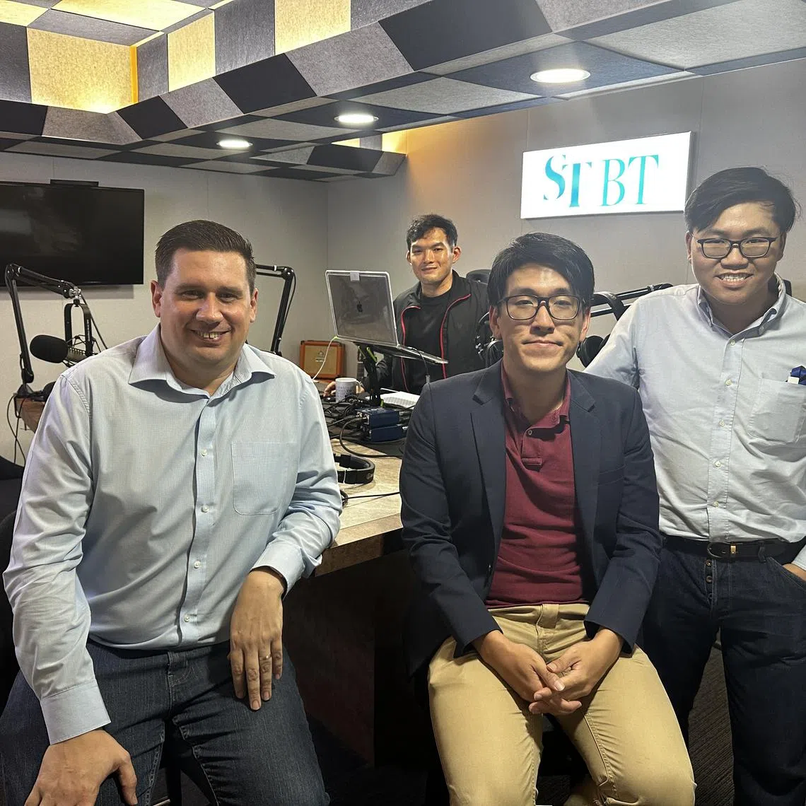 (From left) Mr Gavin Barfield, vice president and chief technology officer for solutions, Salesforce Asean, Assistant Professor Jerrold Soh from the Yong Pung How School of Law, Singapore Management University, ST journalist Tay Hong Yi, and podcast producer Teo Tong Kai (second row).