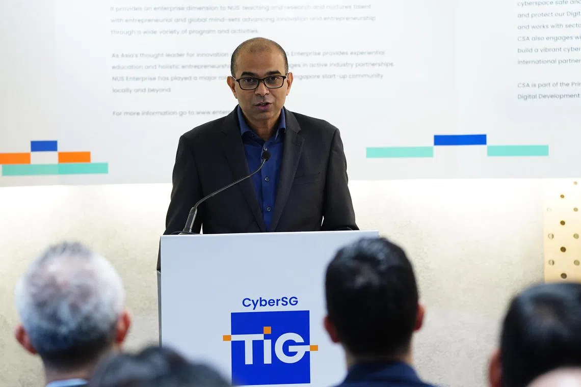 Senior Minister of State for Digital Development and Information Janil Puthucheary delivers the welcome speech at the opening of the CyberSG Transformation, Innovation and Growth (TIG) Collaboration Centre on 15 July.