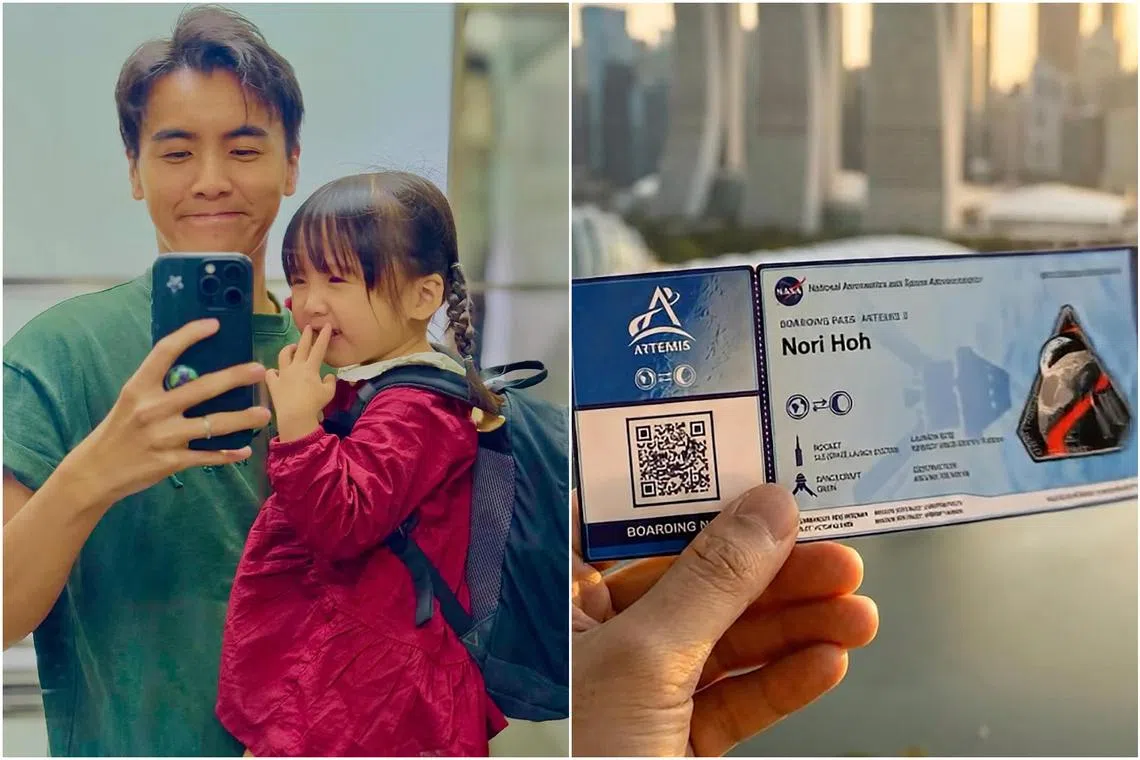 Local singer Derrick Hoh with his daughter Nori. He shares a video of a commemorative virtual Artemis II boarding pass with Nori's name.