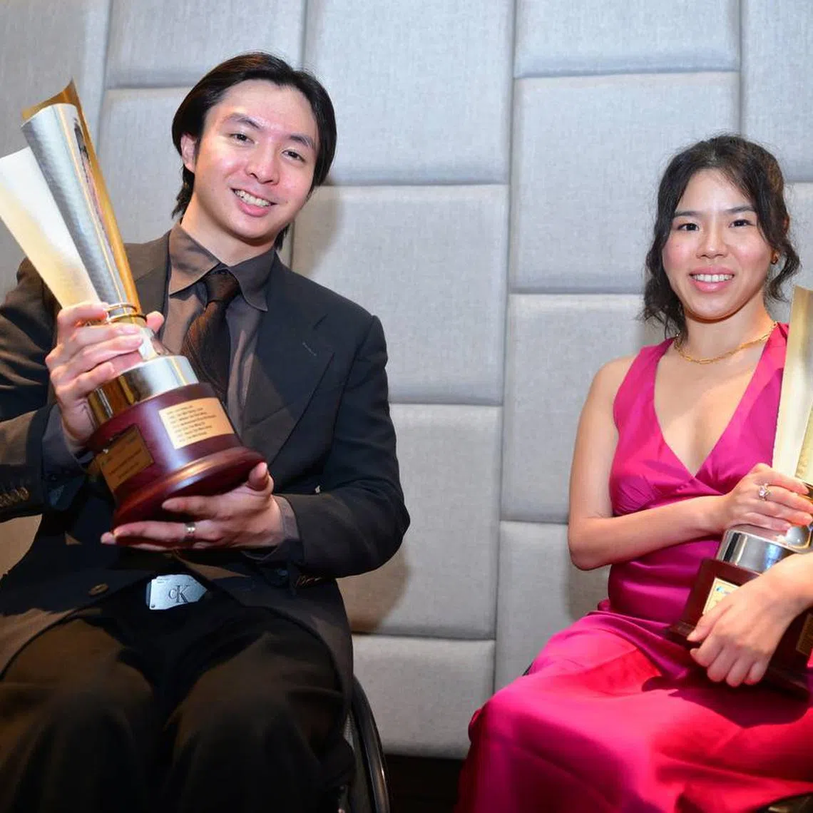 Paralympic swimmers Toh Wei Soong (left) and Yip Pin Xiu won the Sportsman and Sportswoman of the Year respectively at the Singapore Disability Sports Awards 2024 on Nov 20.