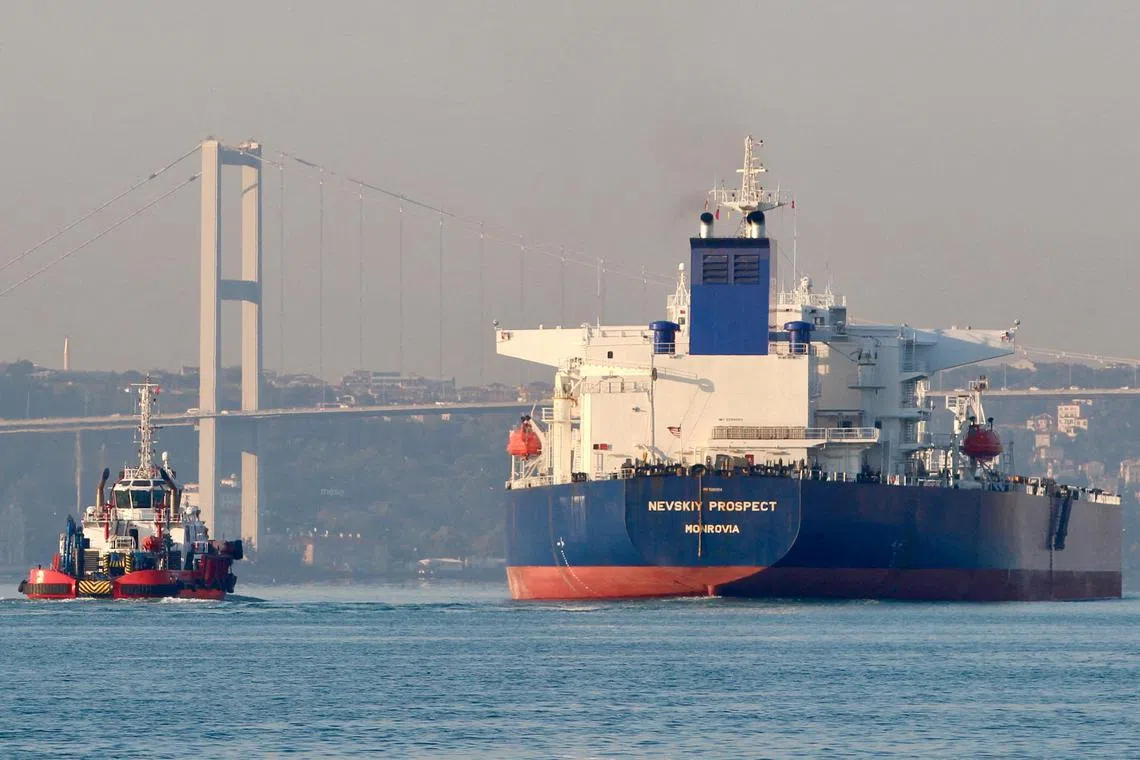A Russian crude oil tanker transiting the Bosphorus in Istanbul, Turkey, in 2020.