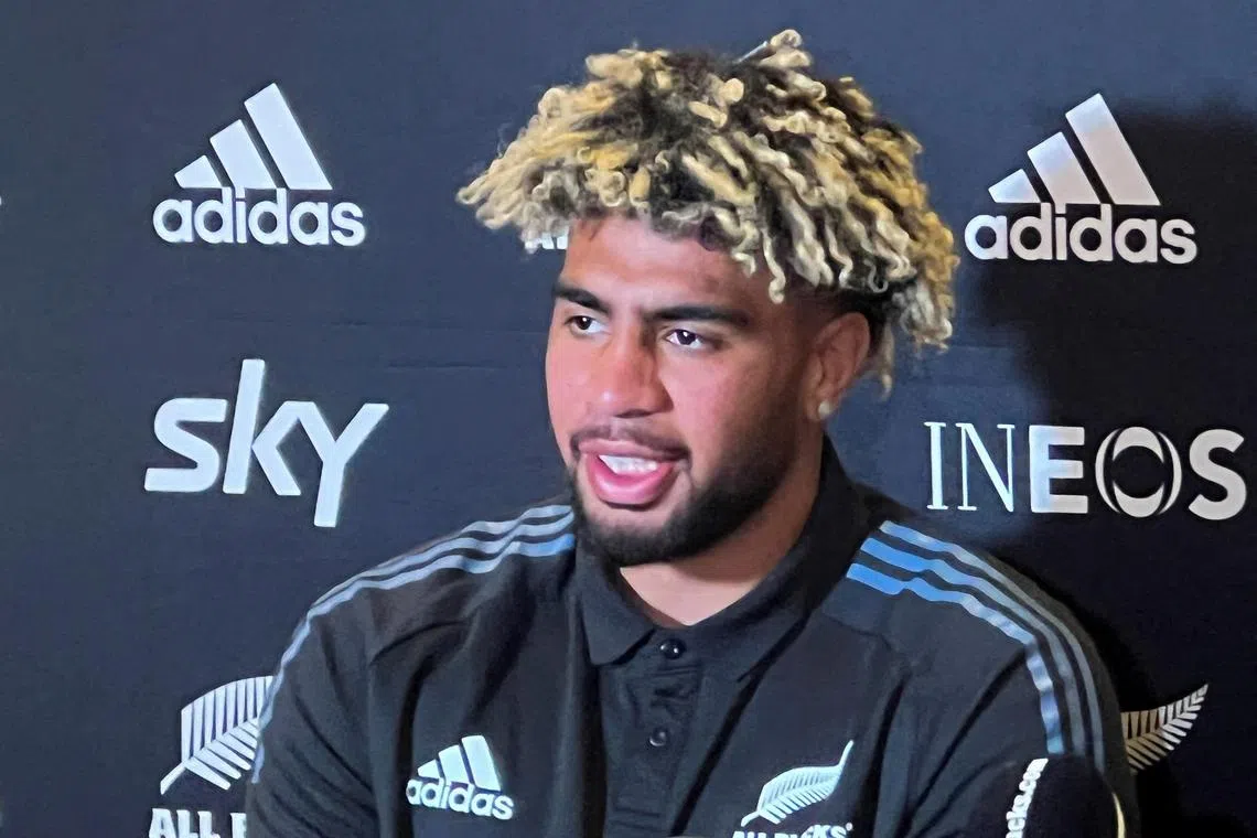 FILE PHOTO: New Zealand loose forward Hoskins Sotutu speaks during a news conference in the lead-up to the Rugby Championship test against Australia in Melbourne, Australia September 13, 2022. REUTERS/Ian Ranson/File Photo