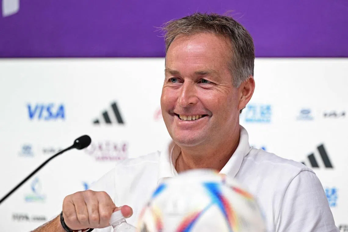 Denmark's coach Kasper Hjulmand giving a press conference at the Qatar National Convention Centre in Doha, on Monday, on the eve of the Qatar 2022 World Cup football match between Denmark and Tunisia.