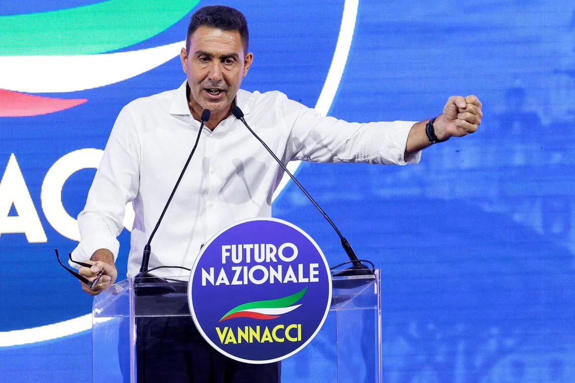 Former Italian general Roberto Vannacci delivers his speech at the end of the national assembly of his far-right Futuro Nazionale party, in Rome, Italy, June 14,  2026. REUTERS/Remo Casilli