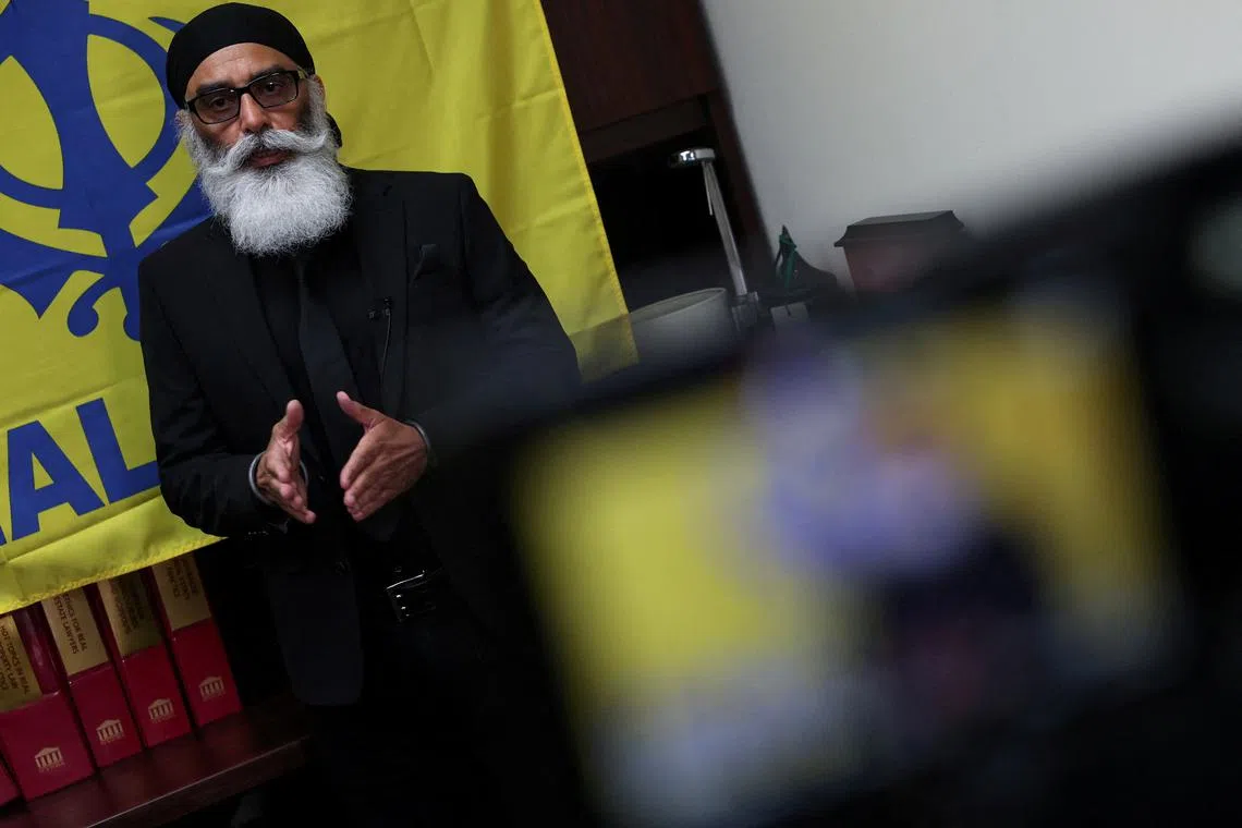 FILE PHOTO: Gurpatwant Singh Pannun, a 56-year-old dual U.S.-Canadian citizen, speaks during an interview in New York City, U.S., October 18, 2024. REUTERS/Shannon Stapleton/File Photo