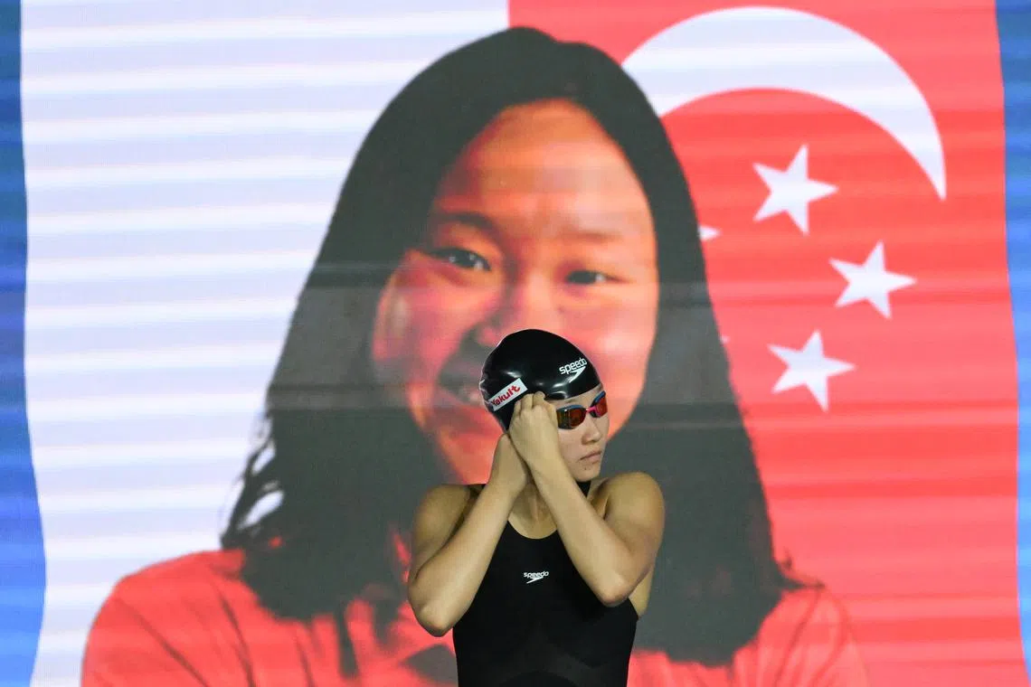Gan Ching Gwee preparing to swim in the Women 1500m Freestyle Finals World Aquatics Championships Singapore 2025 on July 28.