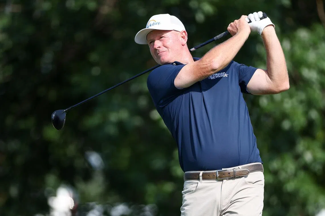 FILE PHOTO: Jul 25, 2024; Blaine, Minnesota, USA; Brandt Snedeker hits his tee shot on the tenth hole during the first round of the 3M Open golf tournament. Mandatory Credit: Matt Krohn-USA TODAY Sports/File Photo