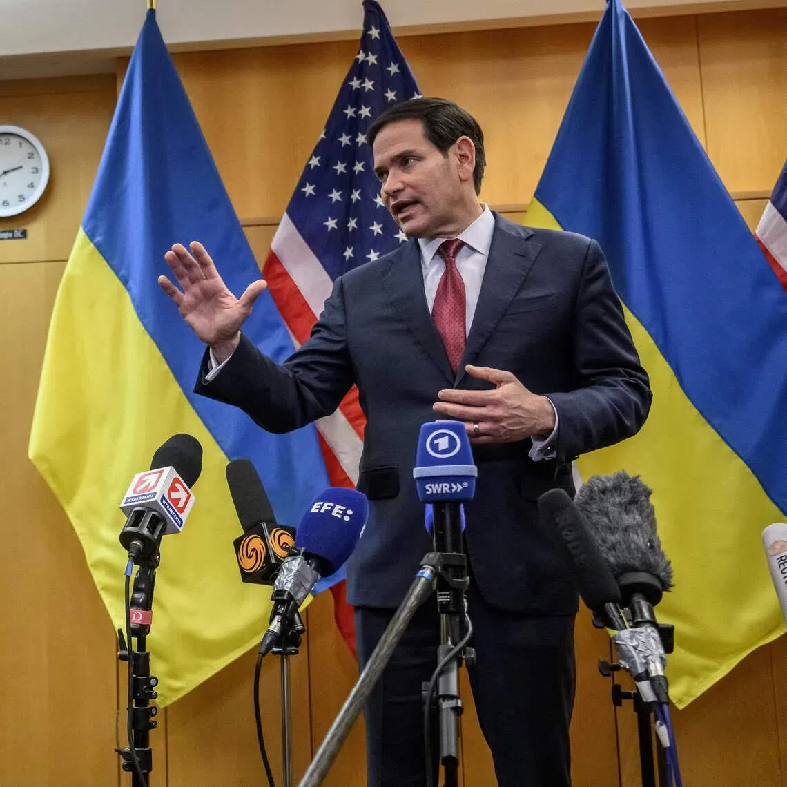 US Secretary of State Marco Rubio holds a press conference following a closed-door talks on a US plan to end the war in Ukraine at the US Mission in Geneva, on Nov 23.