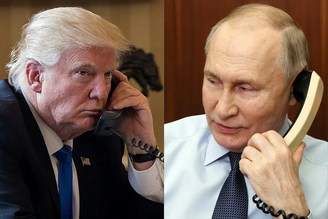 (COMBO) This combination of pictures created on March 18, 2025 shows President Donald Trump (R) on the phone on January 28, 2017 in Washington, and Russia's President Vladimir Putin (L) on the phone Moscow on December 27, 2023. The Kremlin said a highly-anticipated phone call between Vladimir Putin and Donald Trump will take place between 1300 GMT and 1500 GMT on March 18, 2025 and that the pair will discuss Ukraine and the "normalisation" of US-Russian ties. (Photo by Drew ANGERER and Gavriil GRIGOROV / various sources / AFP)