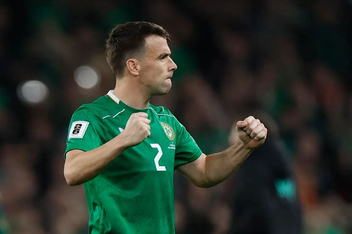 Soccer Football - World Cup - UEFA Qualifiers - Group F - Republic of Ireland v Portugal - Aviva Stadium, Dublin, Ireland - November 13, 2025 Republic of Ireland's Seamus Coleman celebrates after the match REUTERS/Clodagh Kilcoyne