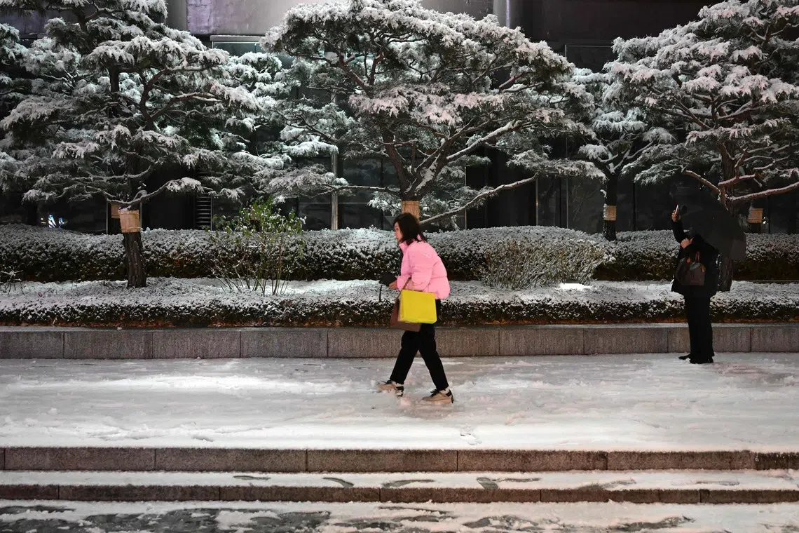 Overnight subzero temperatures in Seoul froze slush into thin sheets of ice.
