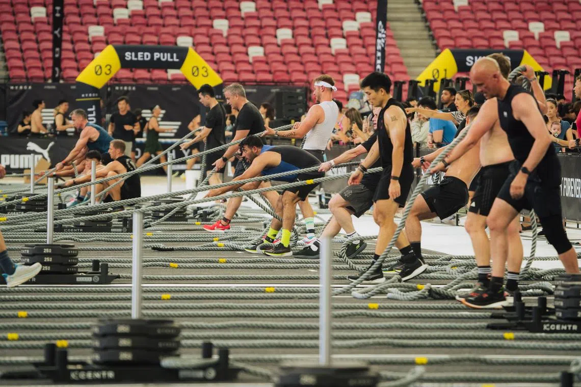 At the sthird station - the sled pull - competitors have to push a weighted sled of 102kg, 152kg or 202kg, depending on their category and division.78kg, 103kg, 153kg, 