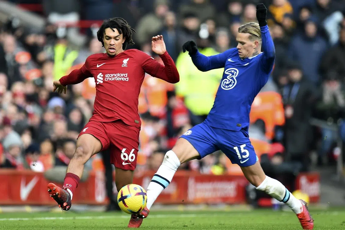 Trent Alexander-Arnold of Liverpool in action against Mykhailo Mudryk (right) of Chelsea during their Premier League clash on Jan 21.
