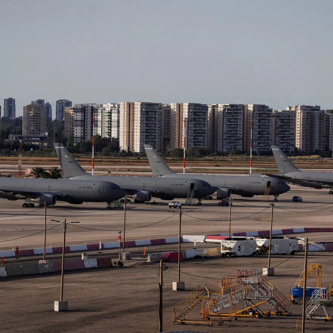 US Air Force tanker aircraft are lined up at Ben Gurion International Airport in Lod, near Tel Aviv, Israel, on May 19.