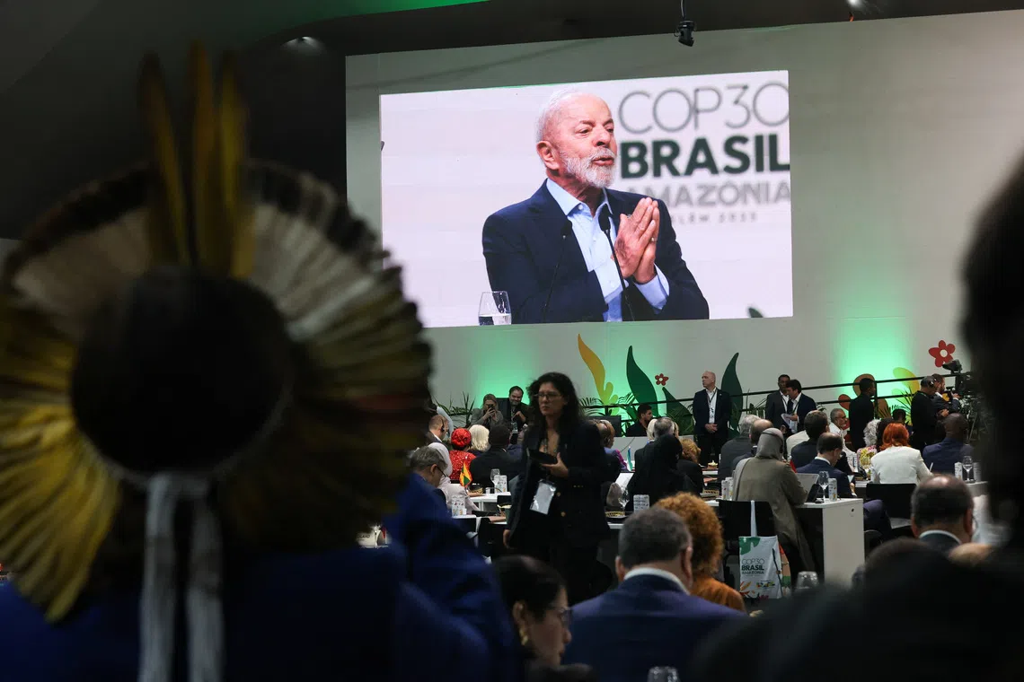 Brazil's President Luiz Inacio Lula da Silva speaks as he attends the opening of the Belem Climate Summit plenary session, as part of the United Nations Climate Change Conference (COP30), in Belem, Brazil, November 6, 2025. REUTERS/Anderson Coelho
