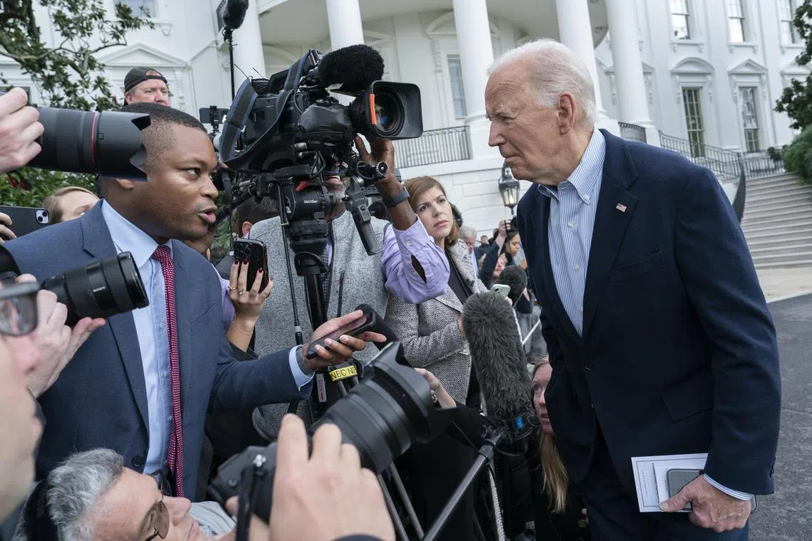 US President Joe Biden speaking to the media before boarding Marine One en route to areas in Florida and Georgia affected by Hurricane Helene. 