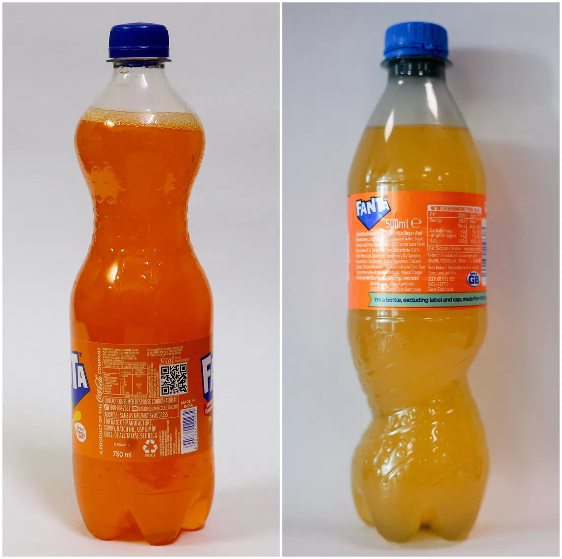A combination picture shows a 750ml Fanta bottle at an office in Mumbai, India, and a 500 ml Fanta bottle at an office in Bournemouth, Britain.