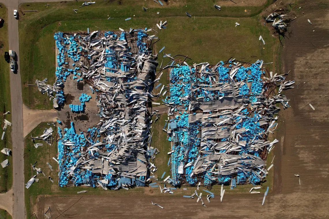 An aerial view of destroyed property after thunderstorms spawning high straight-line winds and tornadoes ripped across the state in Rolling Fork, Mississippi, U.S., March 25.
