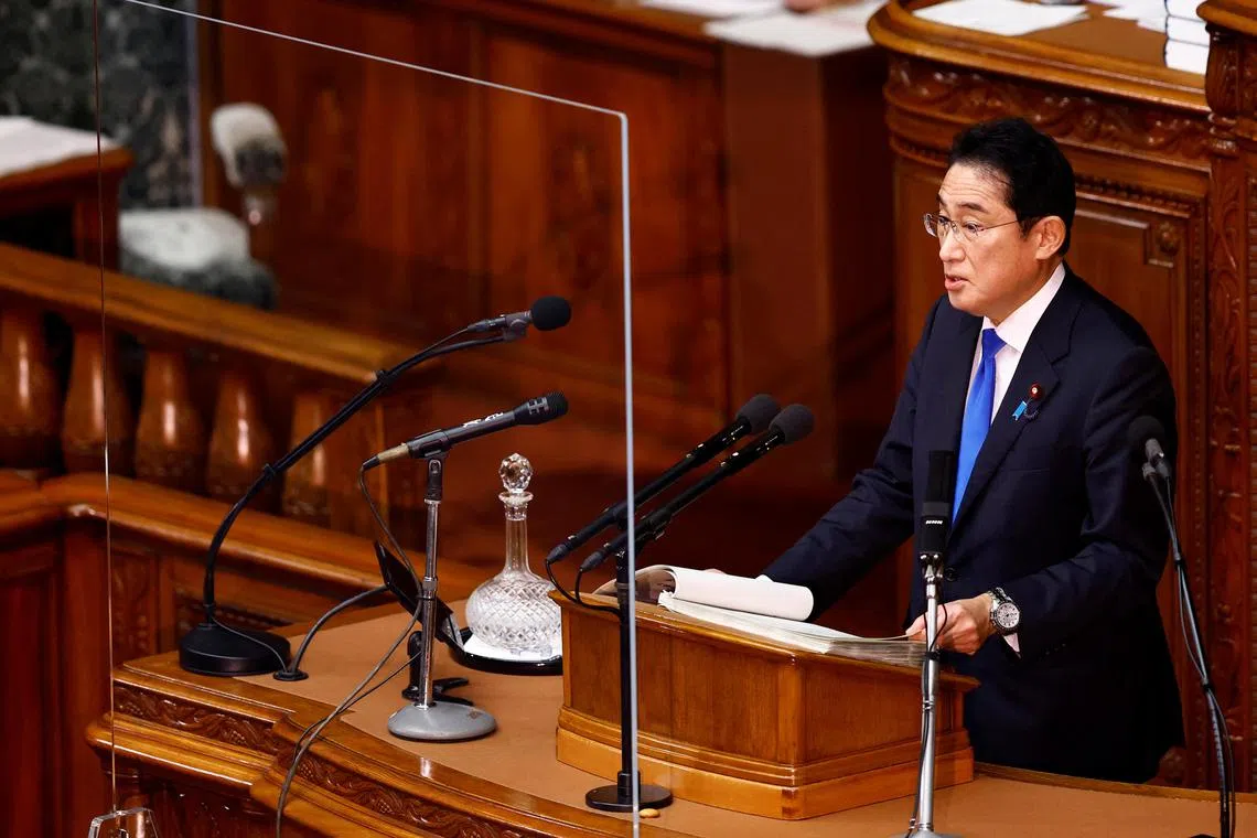 Japan's Prime Minister Fumio Kishida delivers his policy speech at the lower house of parliament in Tokyo on Jan 23, 2023.