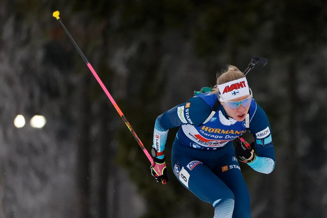 Biathlon - Biathlon World Cup - Nove Mesto na Morave, Czech Republic - January 24, 2026 Finland's Suvi Minkkinen in action during the single mixed relay REUTERS/David W Cerny