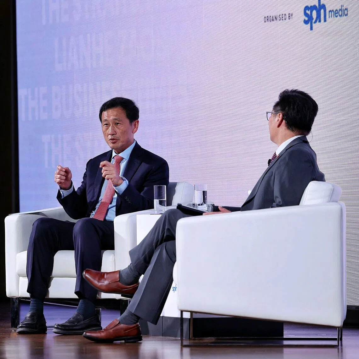 Coordinating Minister for Social Policies and Minister for Health Ong Ye Kung speaking at a dialogue moderated by Lianhe Zaobao editor Goh Sin Teck during the Asia Future Summit on Oct 9.